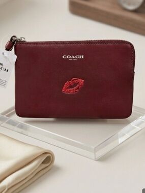 Coach Burgundy Leather Wristlet with Red Kiss Appliqué NWT lip